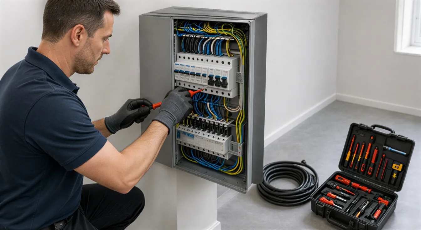 Ein Elektriker installiert Schaltkomponenten in eine graue Wandverteilung in einem modernen Technikraum.