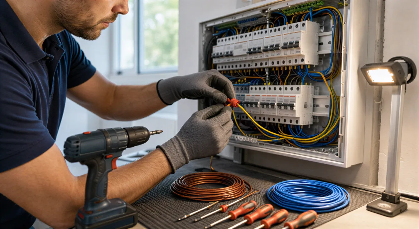 Ein Elektriker in einem modernen Technikraum verbindet sorgfältig farbige Kabel in einer neuen Verteilerdose.