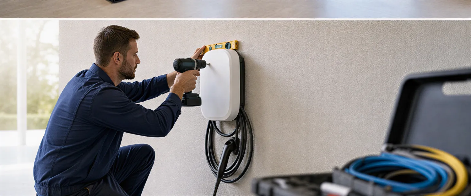 Ein Elektriker installiert eine moderne Wallbox für Elektroautos an einer Garagenwand.