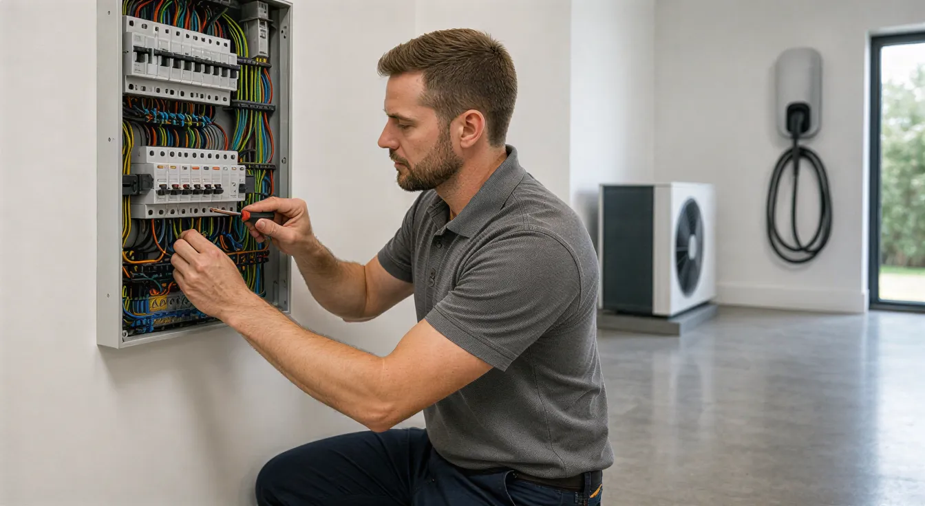 Ein Elektriker in neutralem Polo schließt die letzte Verbindung an einem farbcodierten, wandmontierten Verteilerkasten an.