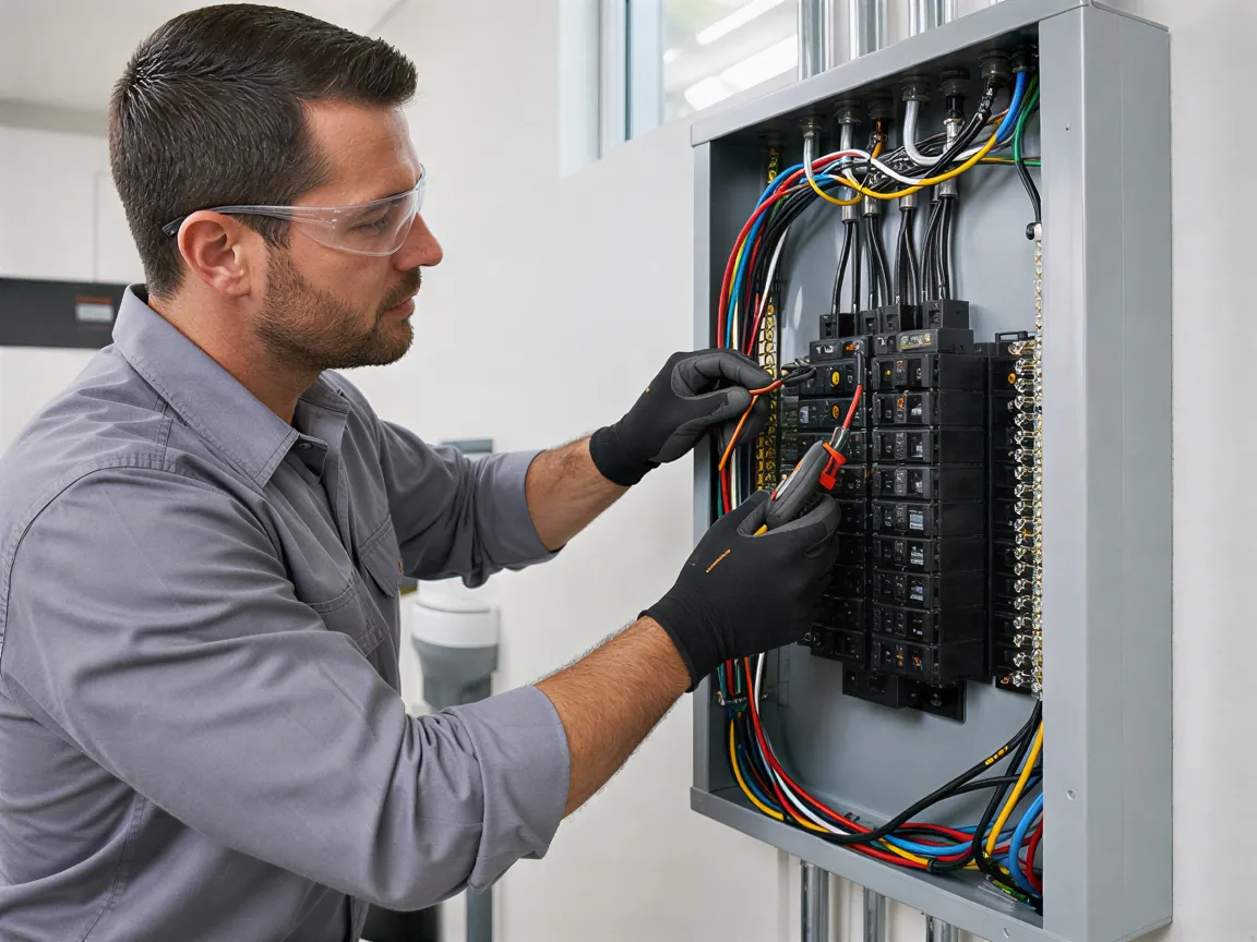 Ein Elektriker verbindet sorgfältig farbige Kabel in einem neuen Sicherungskasten an einer weißen Wand.