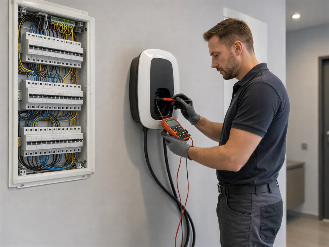 Ein Elektriker überprüft mit einem Multimeter eine neu installierte Wallbox für Elektroautos in einem modernen Technikraum.