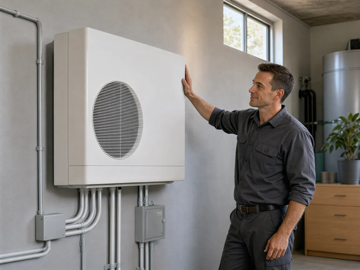 Ein Elektriker prüft eine neu installierte weiße Wärmepumpe in einem sauberen Technikraum.