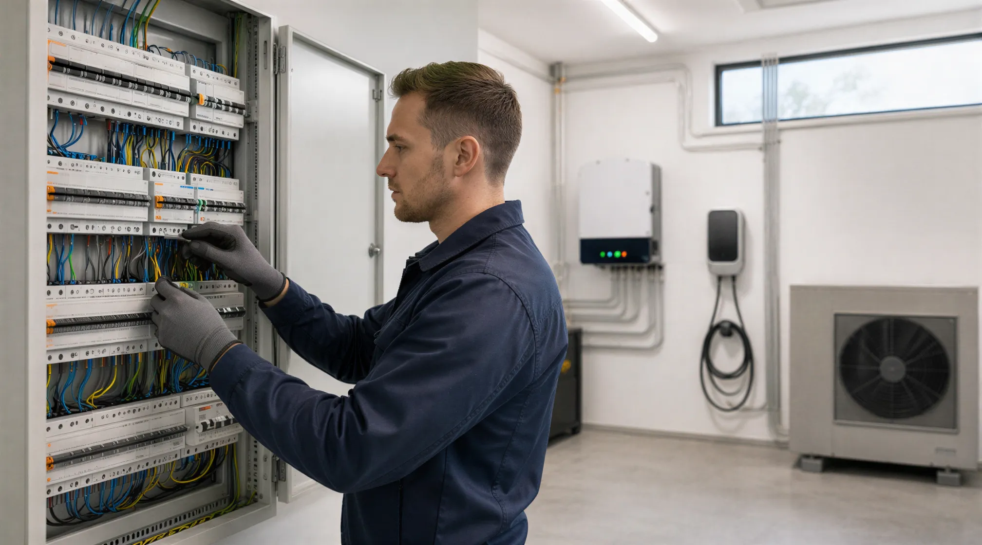 Ein Elektriker verbindet Kabel in einem modernen Schaltschrank in einem sauberen Technikraum.