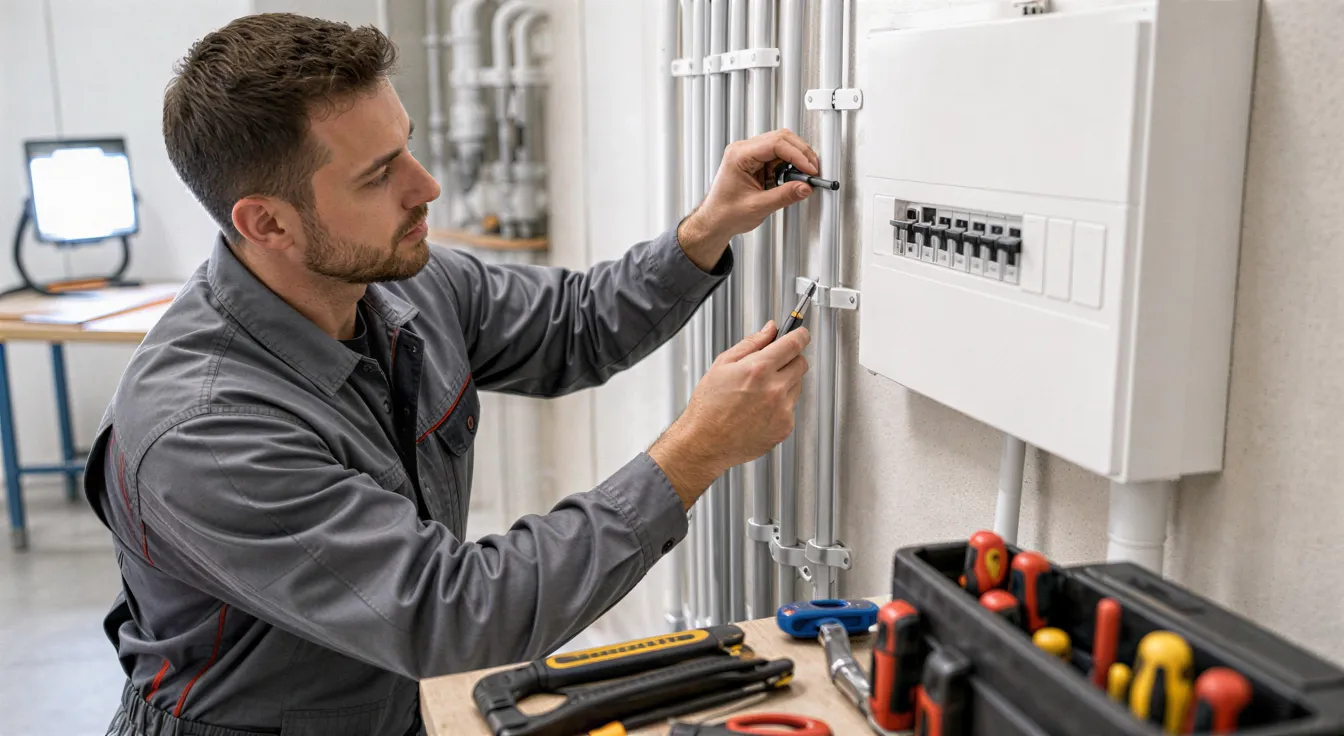 Ein Elektriker installiert ein modernes Stromverteilerpanel in einem sauberen Wohnungs-Installationsraum.