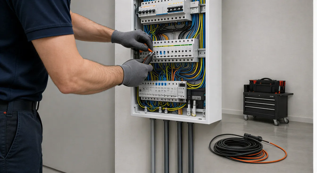 Ein Elektriker in sauberer Arbeitskleidung verbindet Drähte in einem modernen Wandverteilerkasten.