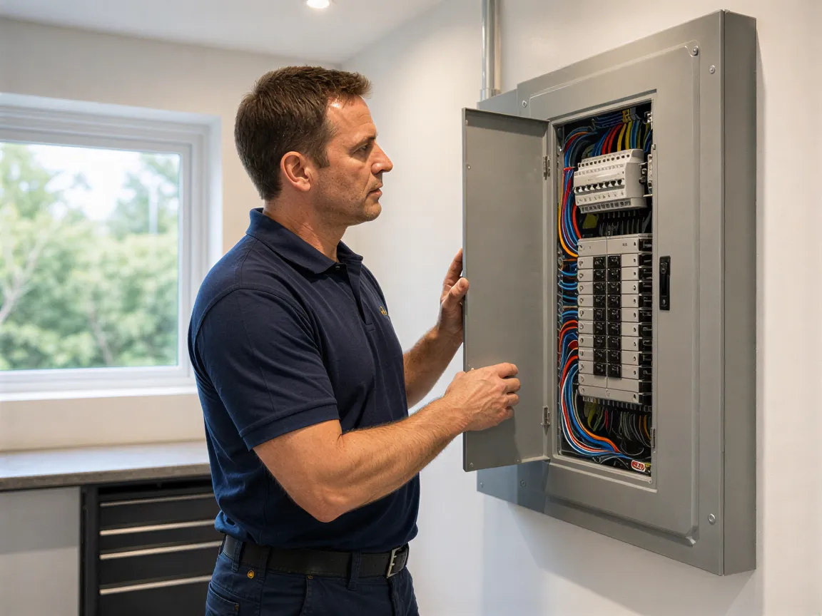 Ein Elektriker überprüft einen neuen Schaltschrank mit farblich gekennzeichneten Kabeln in einem modernen Haus.