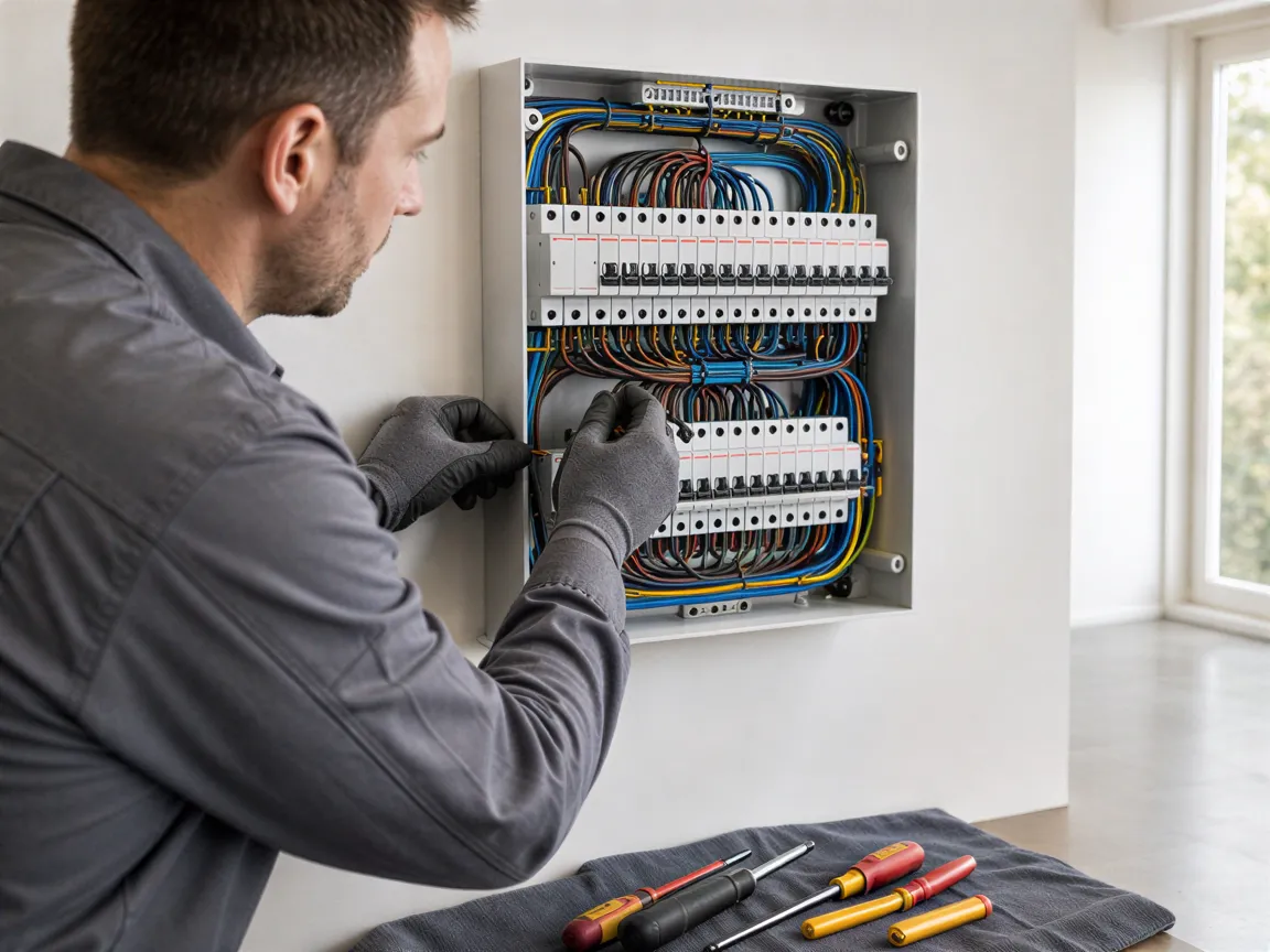 Ein Elektriker in grauer Arbeitskleidung schließt die farblich sortierten Kabel in einem Wandverteiler an.