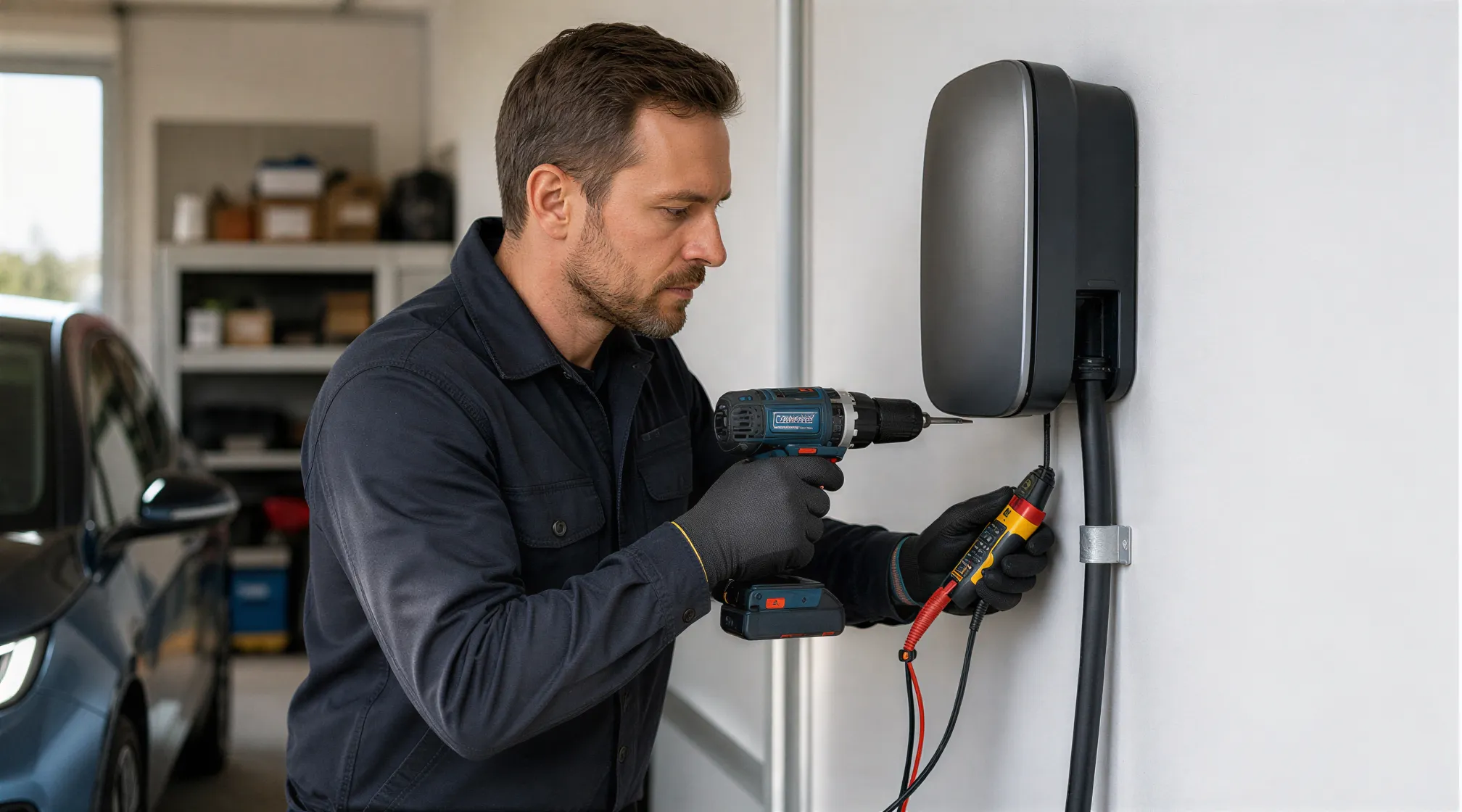 Ein Elektriker installiert eine moderne Ladestation für Elektroautos an einer weißen Garagenwand.