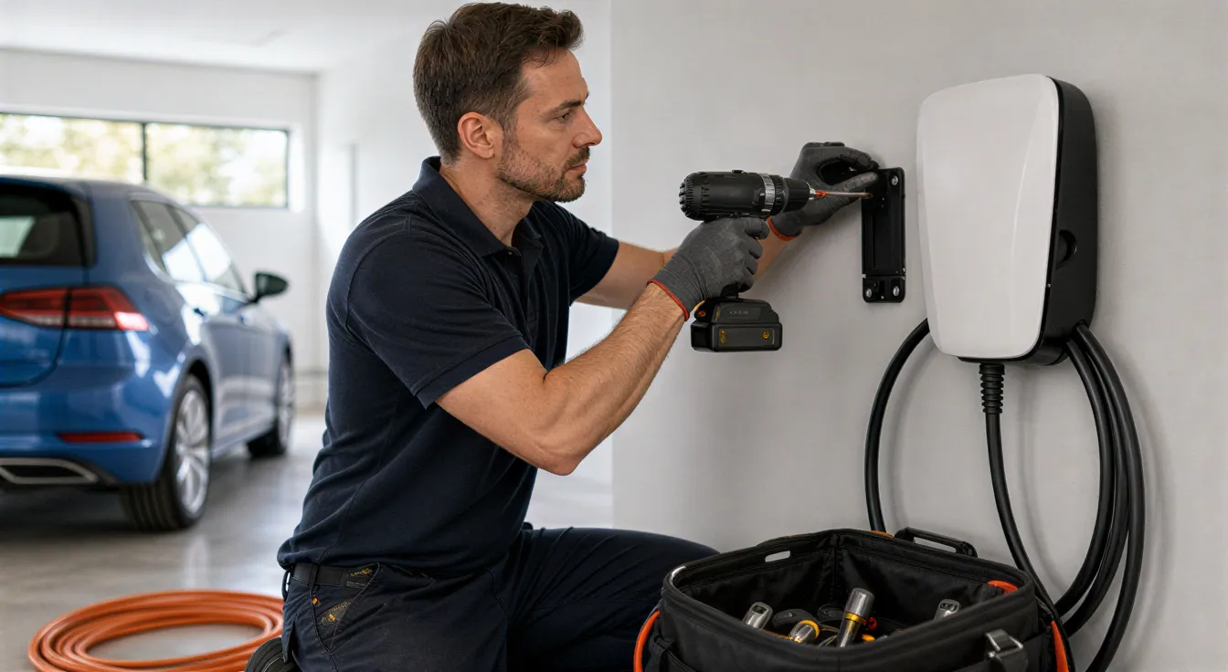 Ein Elektriker installiert eine weiße Wallbox für Elektroautos an einer hellgrauen Wand in einer Garage.