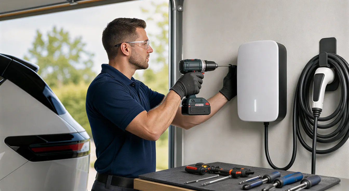 Ein Elektriker installiert eine weiße Wallbox für Elektroautos in einer modernen Garagenwand.