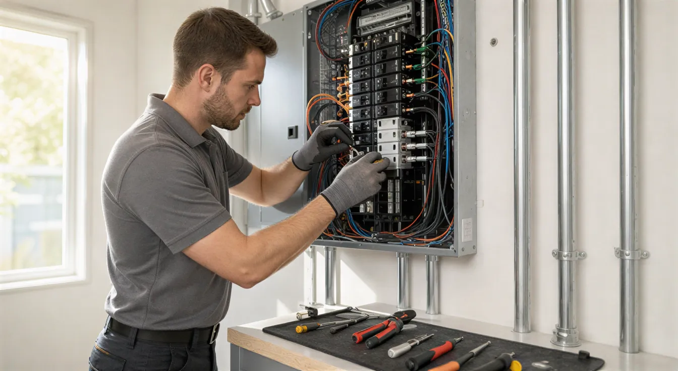 Ein Elektriker verbindet sorgfältig Kabel in einem neuen, modernen Wandverteiler in einem sauberen Technikraum.
