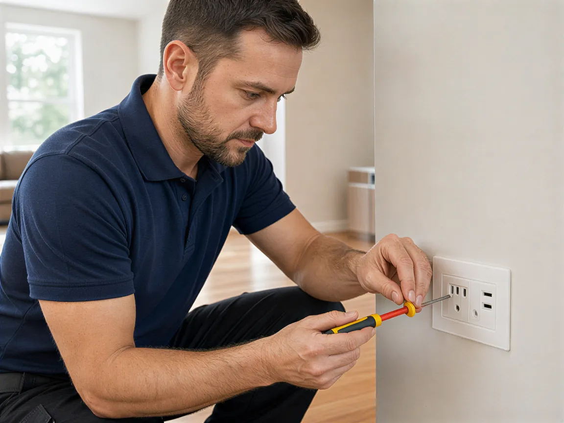 Ein Elektriker installiert eine moderne Steckdose in einem hellen Wohnraum mit Holzboden.