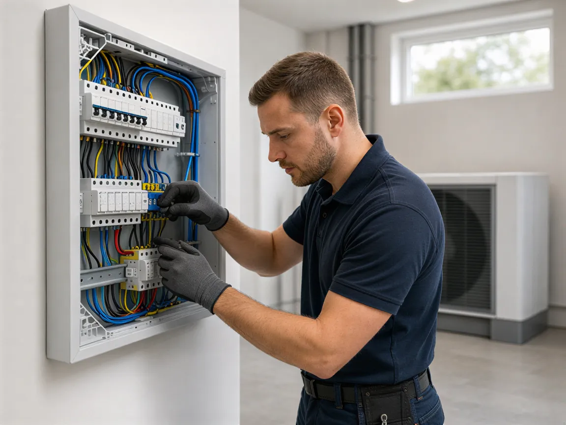 Ein Elektriker installiert farbcodierte Kabel in einem weißen Sicherungskasten in einem modernen Technikraum.