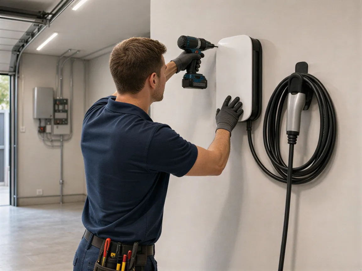 Ein Elektriker installiert eine weiße Wallbox für Elektroautos an der Wand einer modernen Garage.