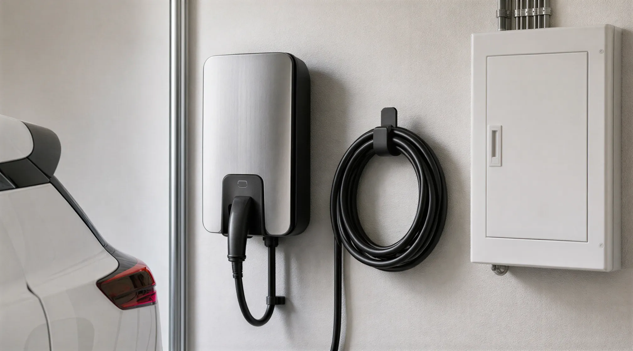 Eine moderne Wallbox-Ladestation für Elektroautos, sauber an einer hellgrauen Wand neben einem Verteilerkasten installiert.