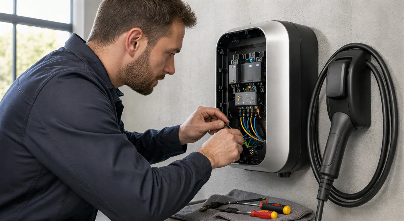 Ein Elektriker installiert eine moderne Wallbox für Elektroautos an einer Betonwand in einer sauberen Garage.