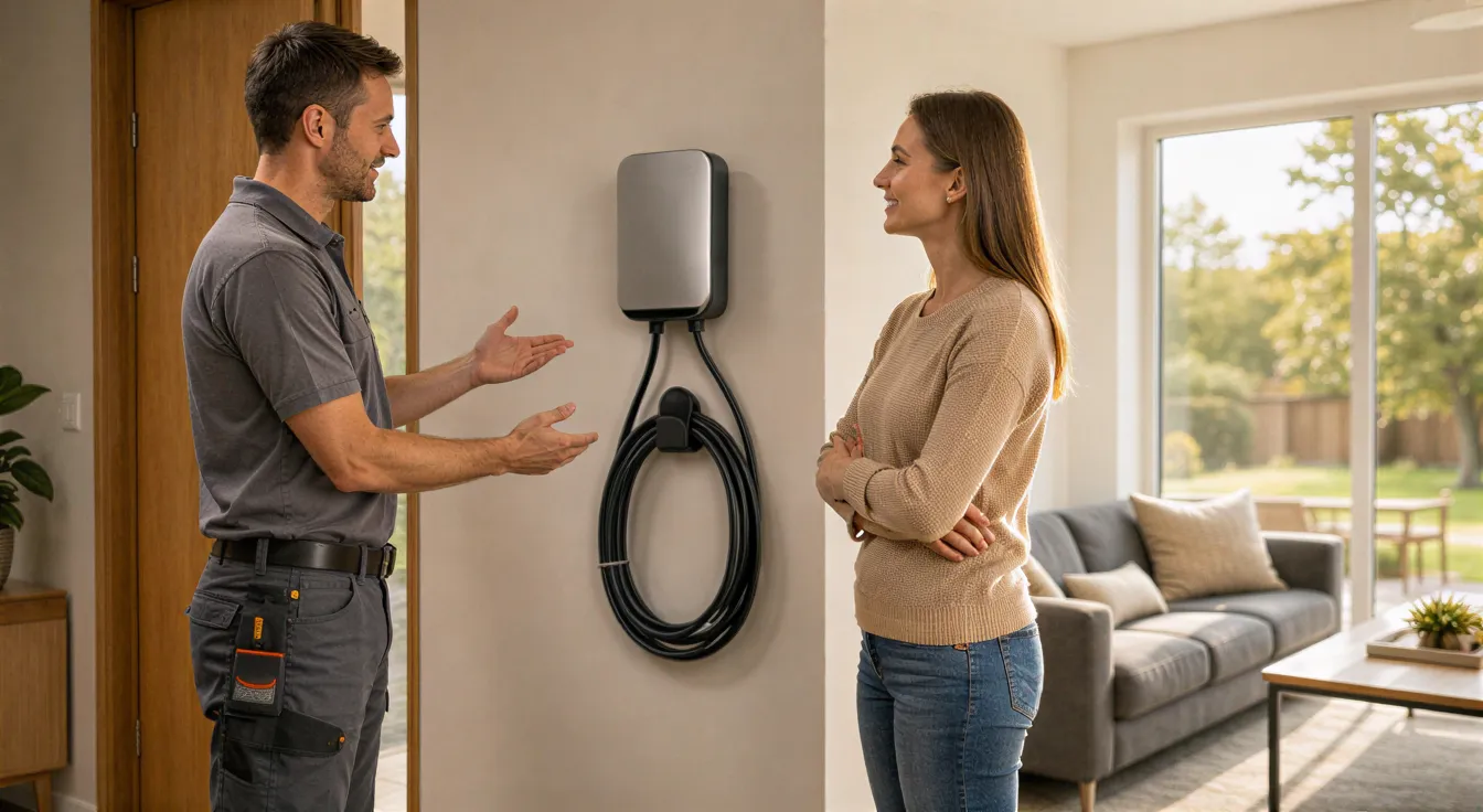 Ein Elektriker erklärt einem Hausbesitzer eine neu installierte Wallbox-Ladestation in einem modernen Wohnzimmer.