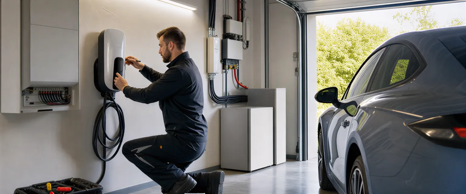 Ein Elektriker installiert eine moderne Wallbox für ein Elektroauto in einer sauberen, aufgeräumten Garage.