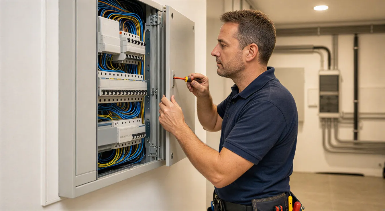 Ein Elektriker justiert die Schrauben an einem modernen grauen Sicherungskasten in einem sauberen Technikraum.