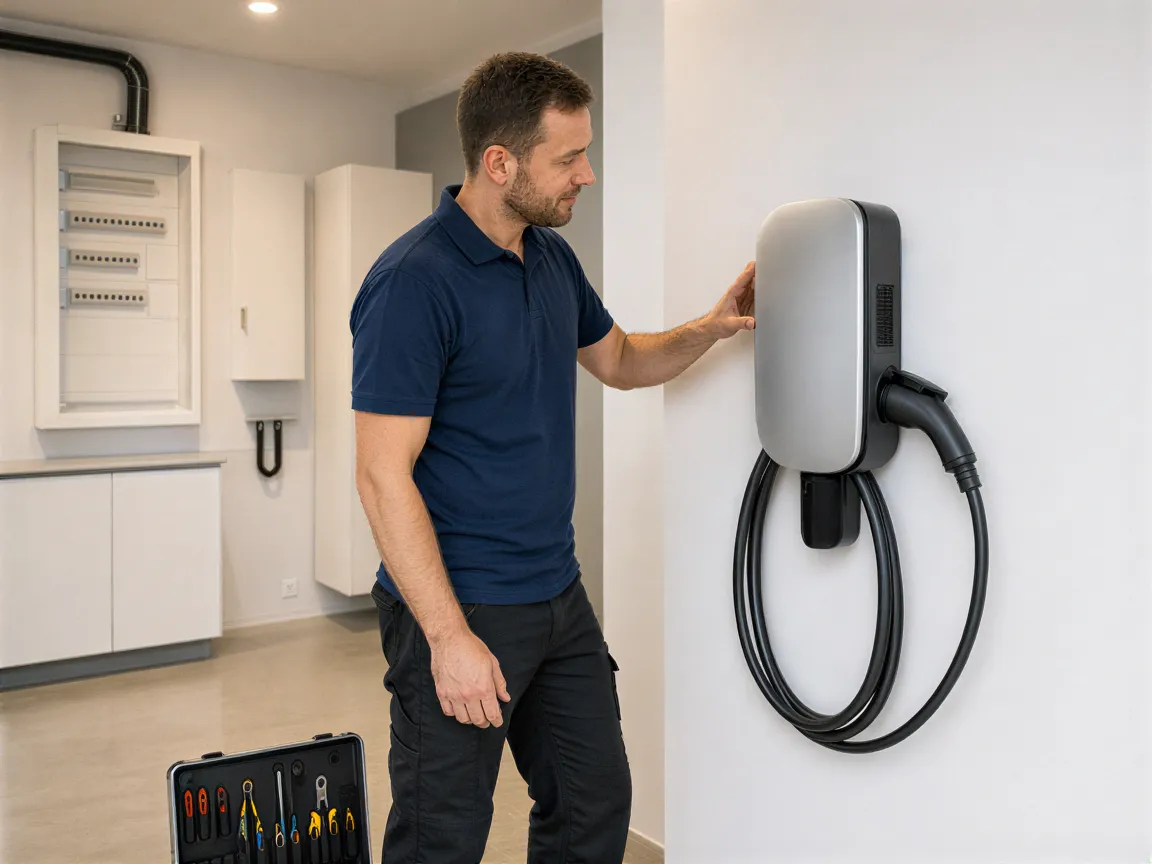 Ein Elektriker prüft eine neu installierte Wallbox-Ladestation in einem modernen, sauberen Technikraum.