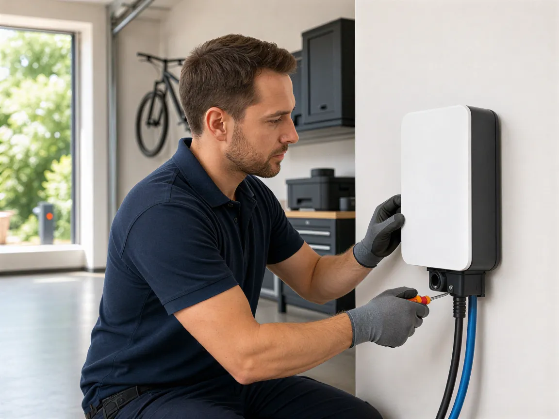 Ein Elektriker installiert eine weiße Wanddose an einer frisch gestrichenen Wand in einer hellen Garage.