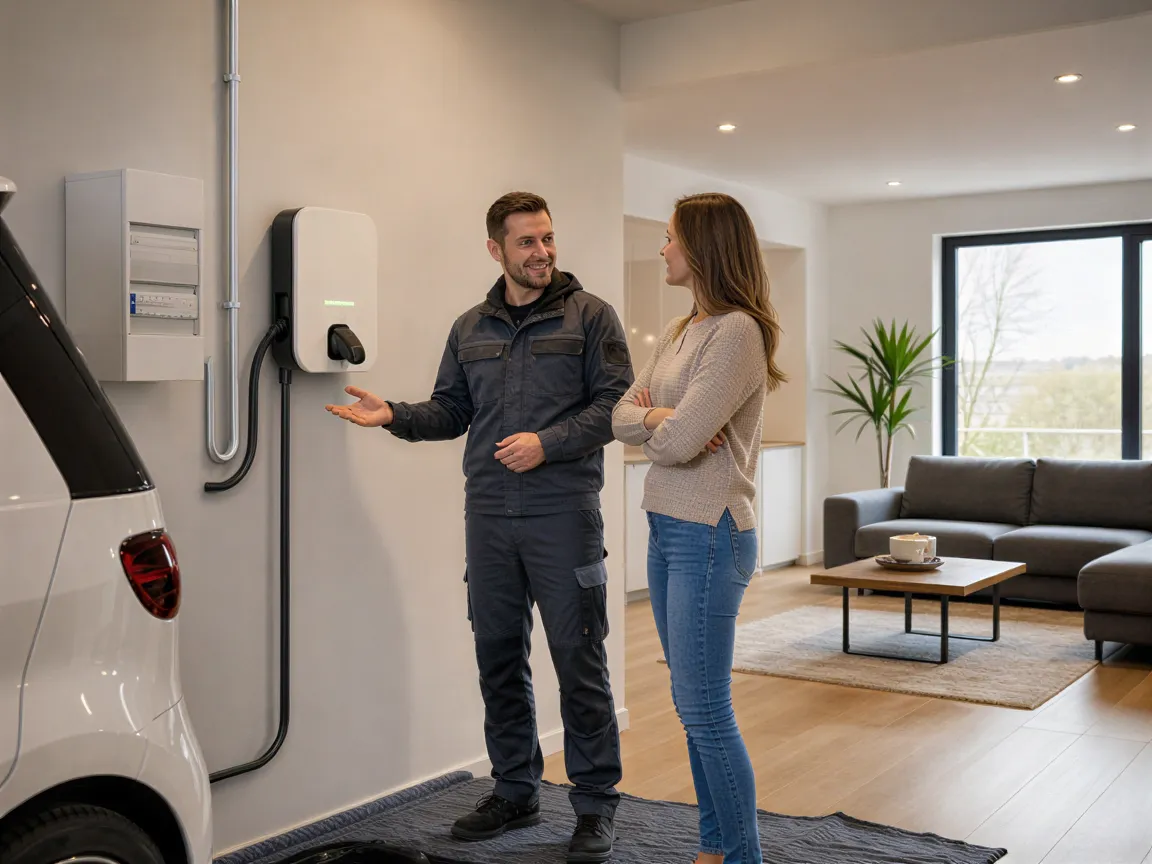 Ein Elektriker zeigt einem zufriedenen Hausbesitzer eine neu installierte weiße Wallbox in einem modernen Wohnzimmer.