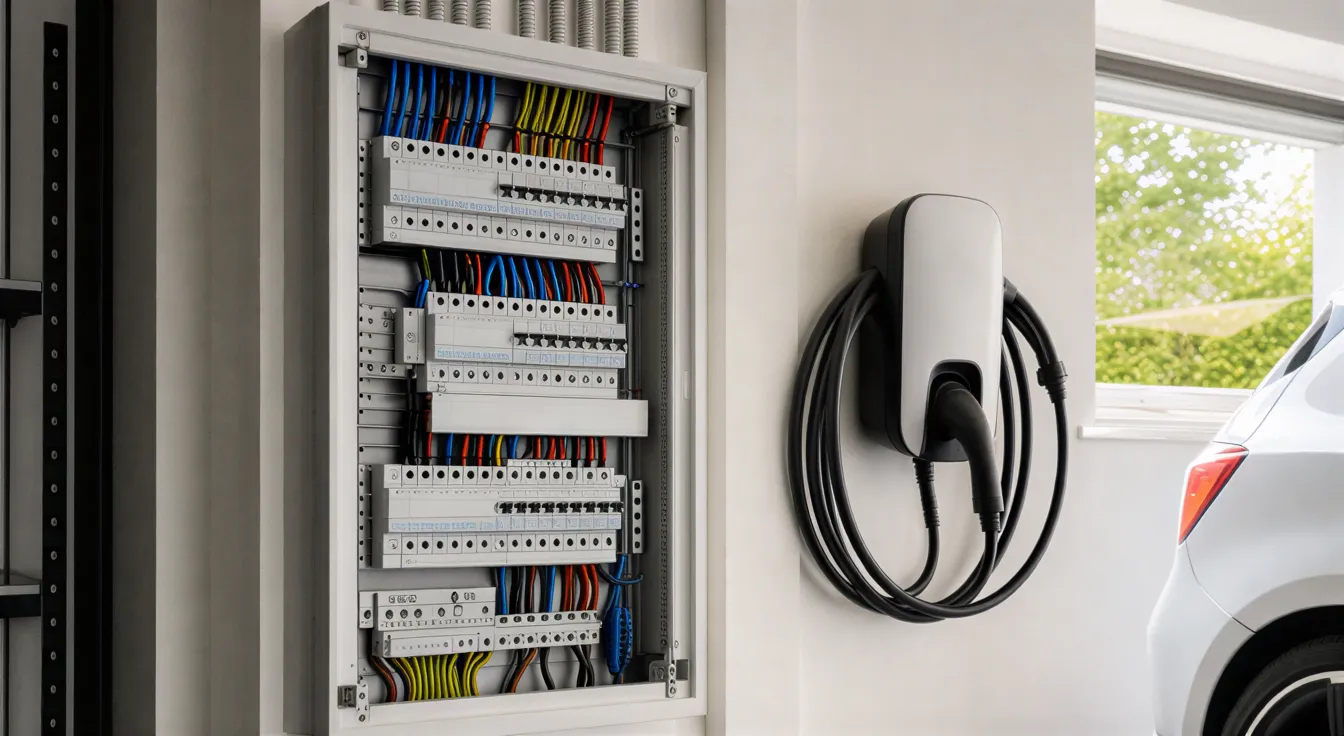 Ein moderner Elektroverteiler mit farblich sortierten Kabeln und einer Wallbox für Elektroautos an einer weißen Wand.