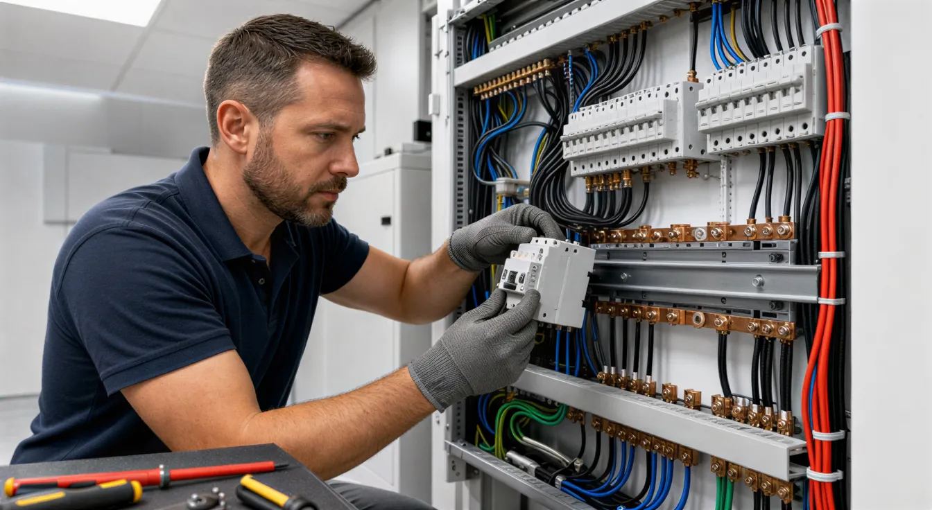 Ein Elektriker installiert einen Leistungsschalter in einem sauberen, modernen Stromkasten mit farbcodierten Kabeln.