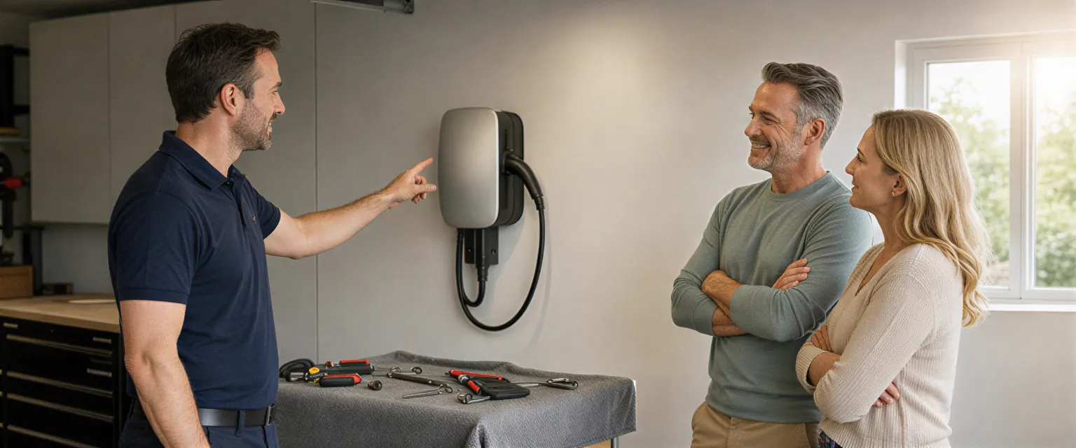 Ein Elektriker zeigt einem Paar eine neu installierte Wallbox für Elektroautos in einer hellen Garage.