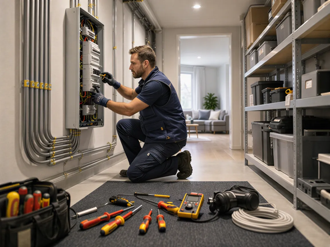 Ein Elektriker installiert einen modernen Sicherungskasten in einem sauberen Hauswirtschaftsraum.