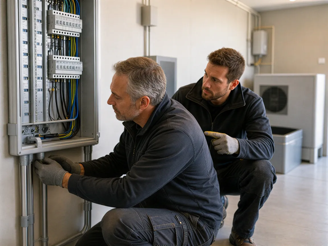 Zwei Elektriker installieren einen Stromverteiler in einem modernen, sauberen Technikraum.
