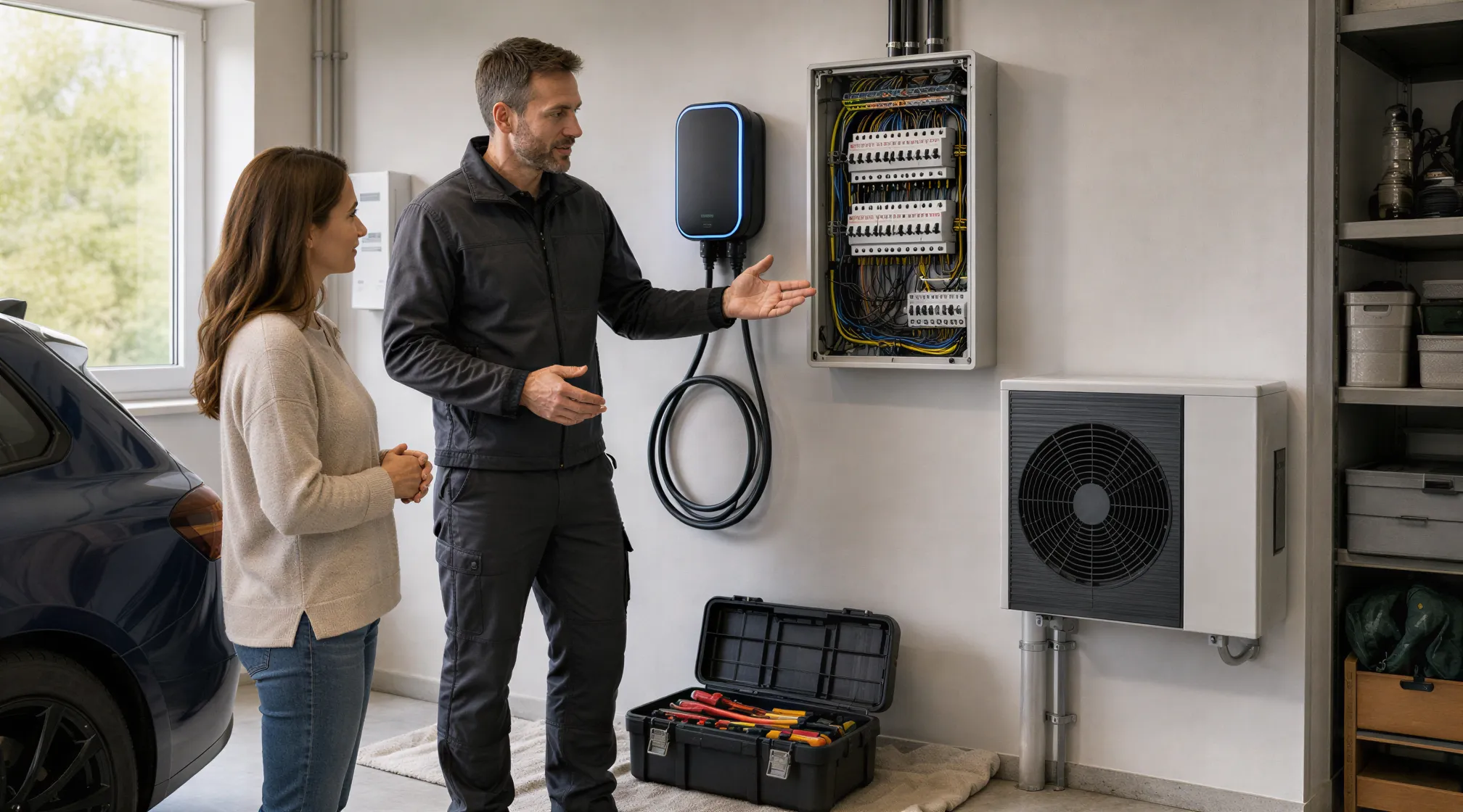 Ein Elektriker erklärt einem Hausbesitzer eine neu installierte Wallbox-Ladestation in einem modernen Technikraum.