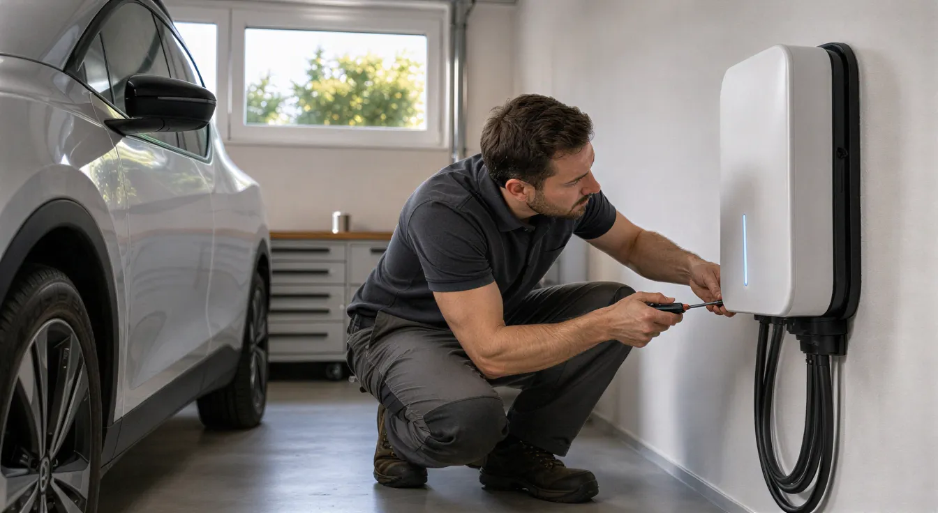 Ein Elektriker schließt eine weiße Ladestation für Elektroautos in einer sauberen Garage an.