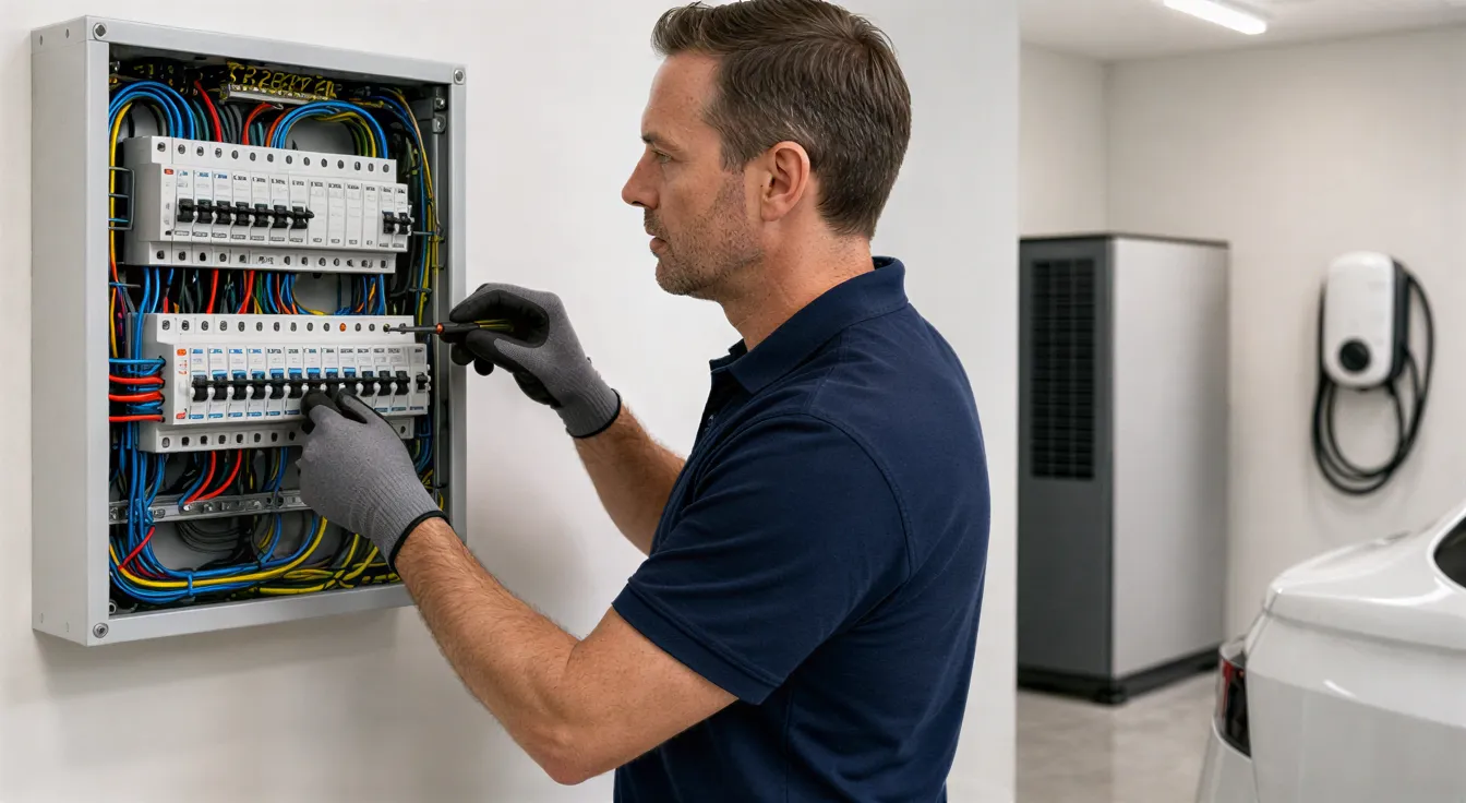 Ein Elektriker in blauem Polohemd verbindet Kabel in einem modernen Verteilerkasten in einem sauberen Technikraum.