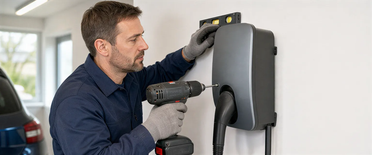 Ein Elektriker montiert eine moderne Wallbox-Ladestation an einer weißen Garagenwand.