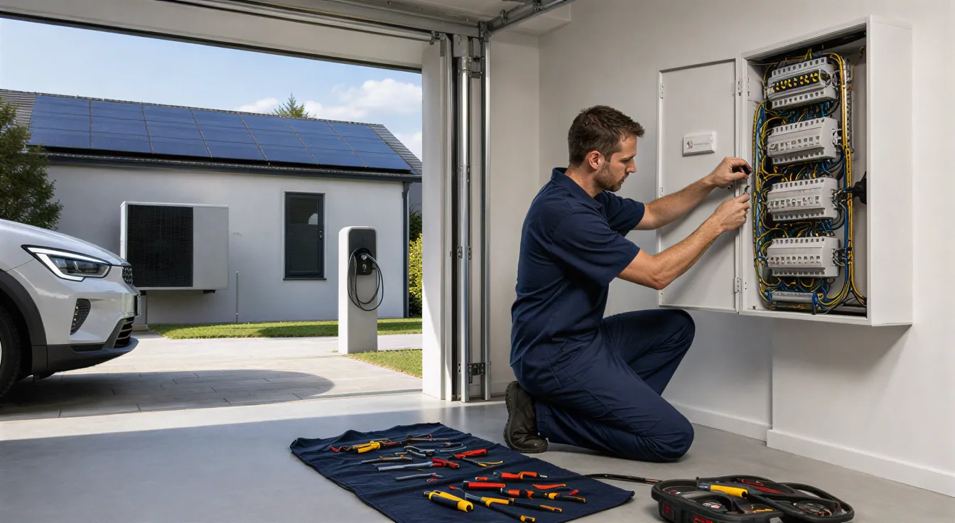 Ein Elektriker in blauer Arbeitskleidung installiert einen Stromkasten in einer Garage.