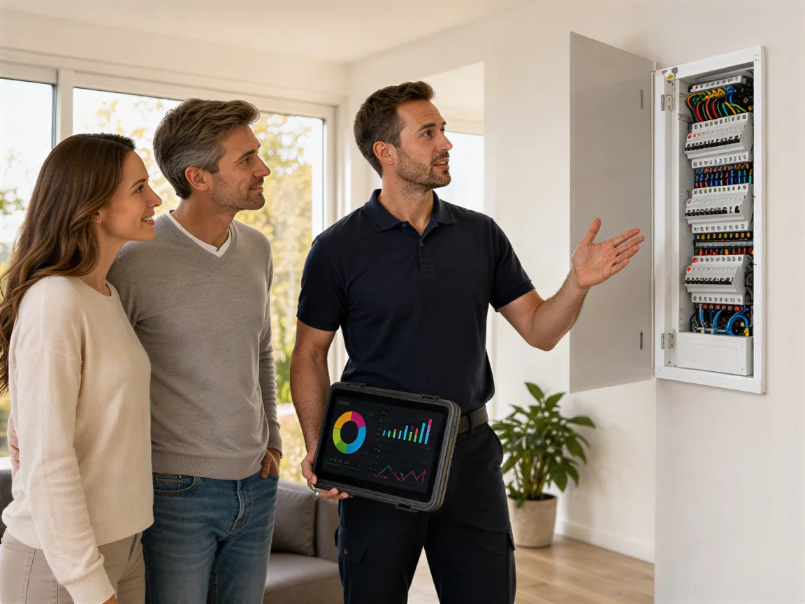 Ein Elektriker erklärt einem Ehepaar eine neue, weiße Elektroverteilung in einem modernen Wohnzimmer.
