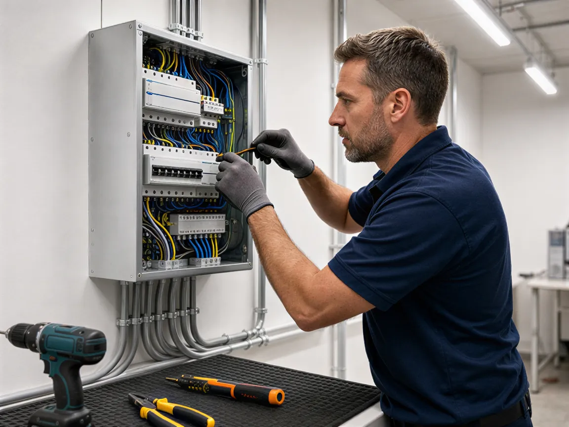 Ein Elektriker installiert präzise einen Wandverteiler in einem modernen, sauberen Technikraum.