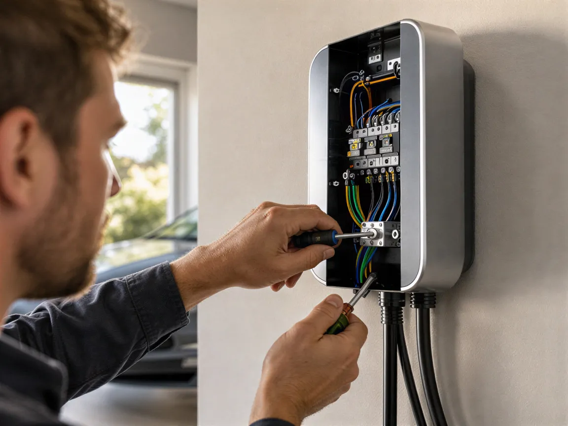 Ein Elektriker schließt eine moderne Wallbox-Ladestation in einer sauberen Garage an.