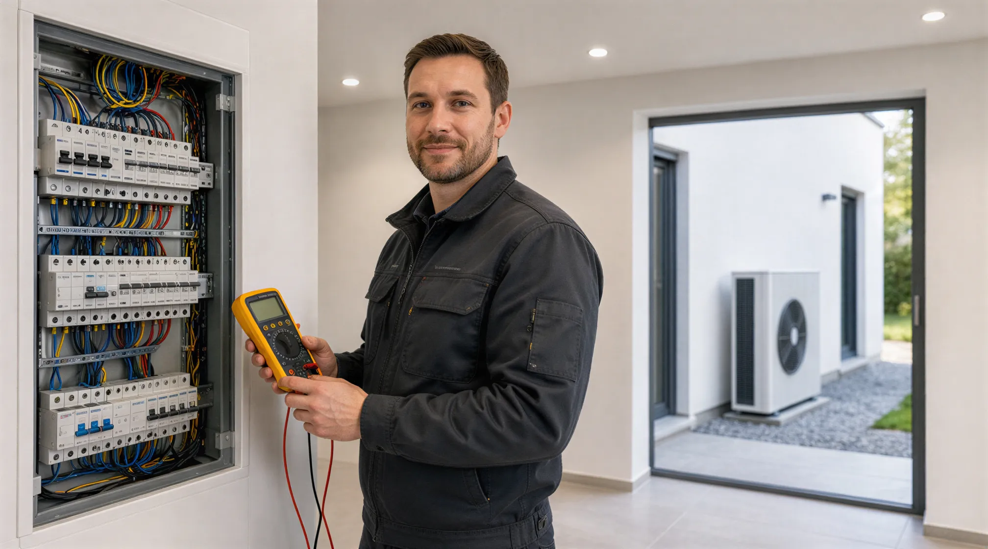 Ein Elektriker prüft mit einem Multimeter einen modernen Stromkasten in einem neuen Technikraum.
