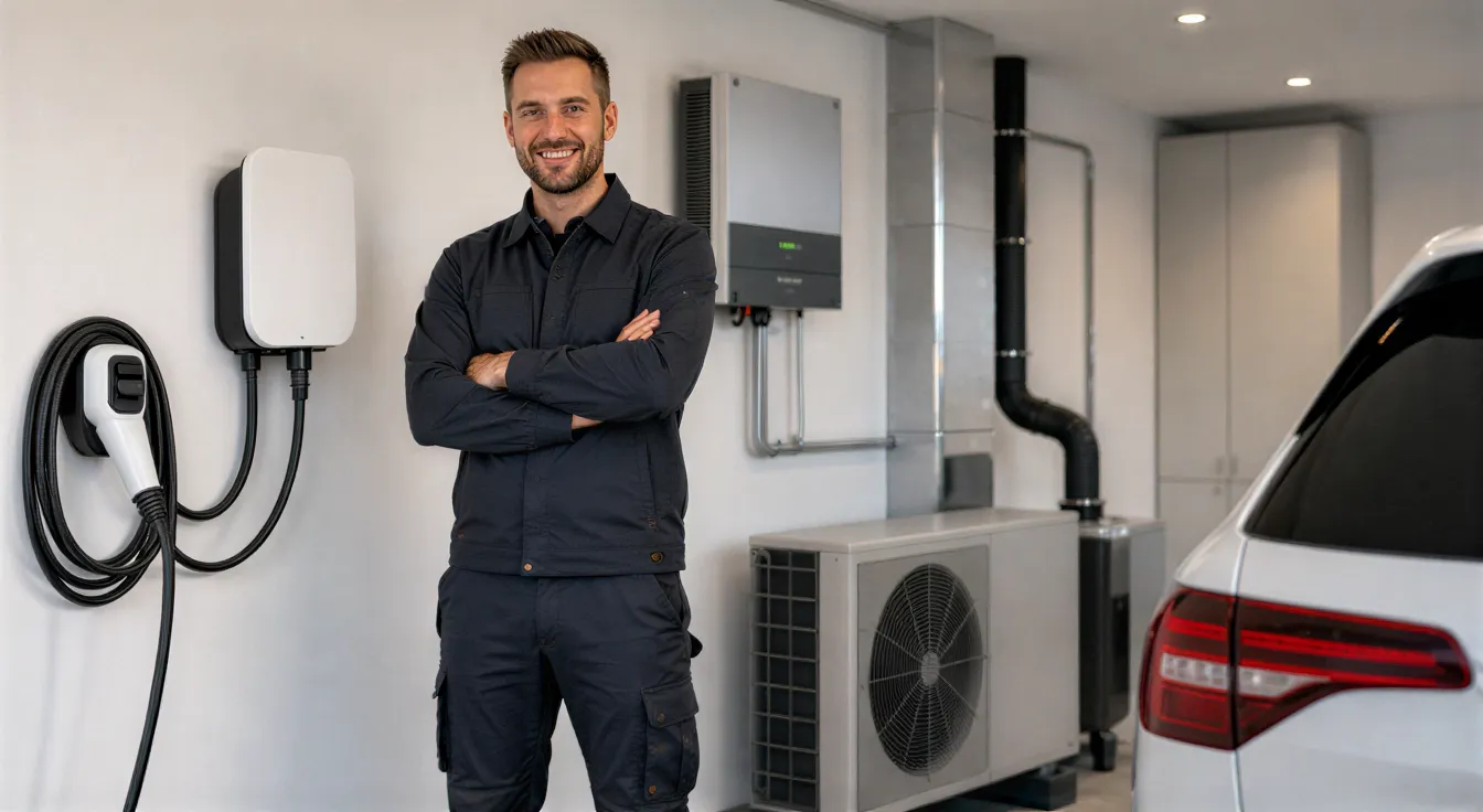 Ein Elektriker präsentiert eine installierte Wallbox für Elektroautos in einem modernen Technikraum.
