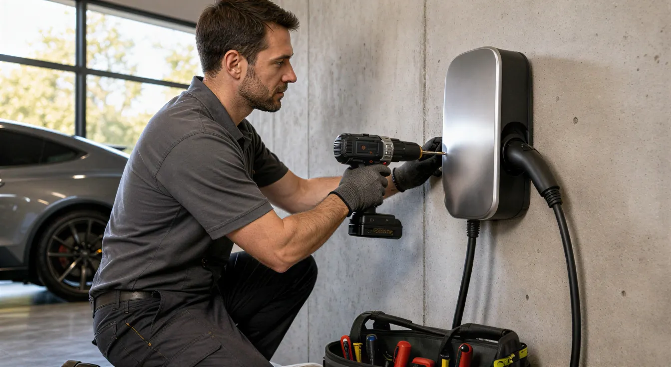 Ein Elektriker montiert eine Wandladestation für Elektroautos in einer sauberen Garage.