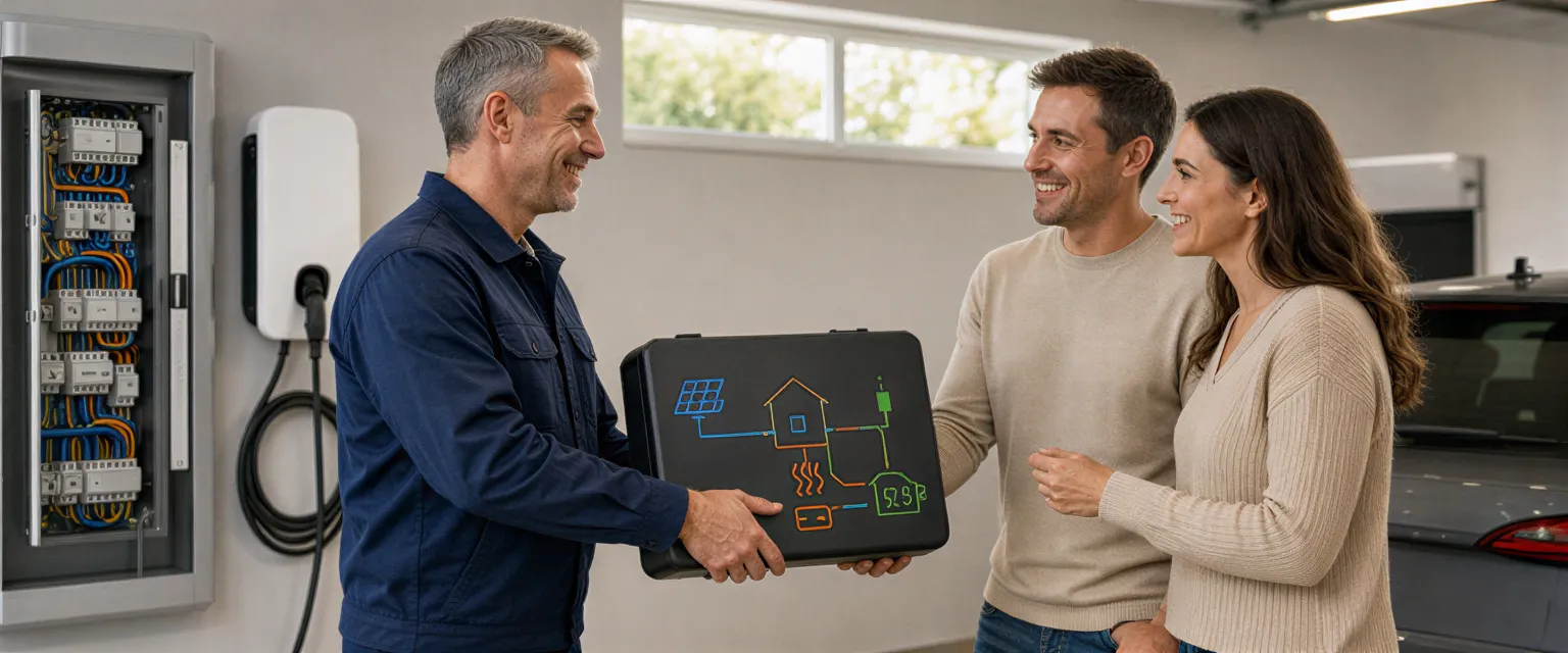 Ein Elektriker übergibt ein Werkzeuggehäuse mit Energiediagramm an ein Hausbesitzerpaar in einer modernen Garage.
