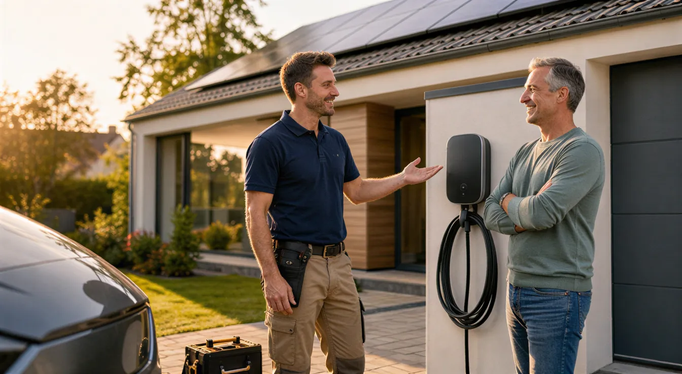 Ein Elektriker zeigt einem Hausbesitzer eine neu installierte Wallbox-Ladestation vor einem modernen Haus mit Solaranlage.