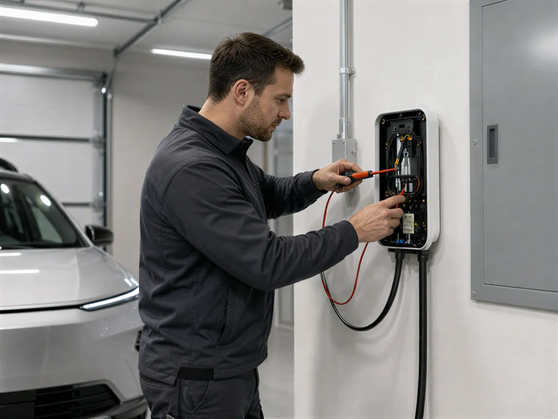 Ein Elektriker installiert eine moderne Wanddose für eine E-Auto-Ladestation in einer sauberen Garage.