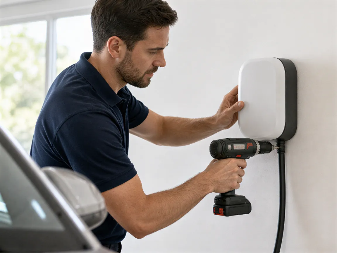 Ein Elektriker installiert eine weiße Wallbox für Elektroautos an einer Garagenwand.