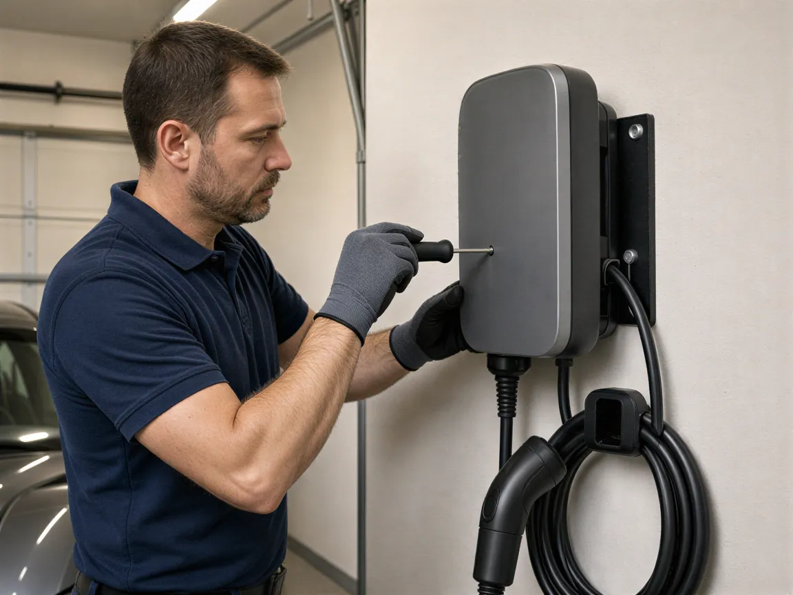Ein Elektriker installiert eine graue Wallbox für ein Elektroauto an einer Garagewand.