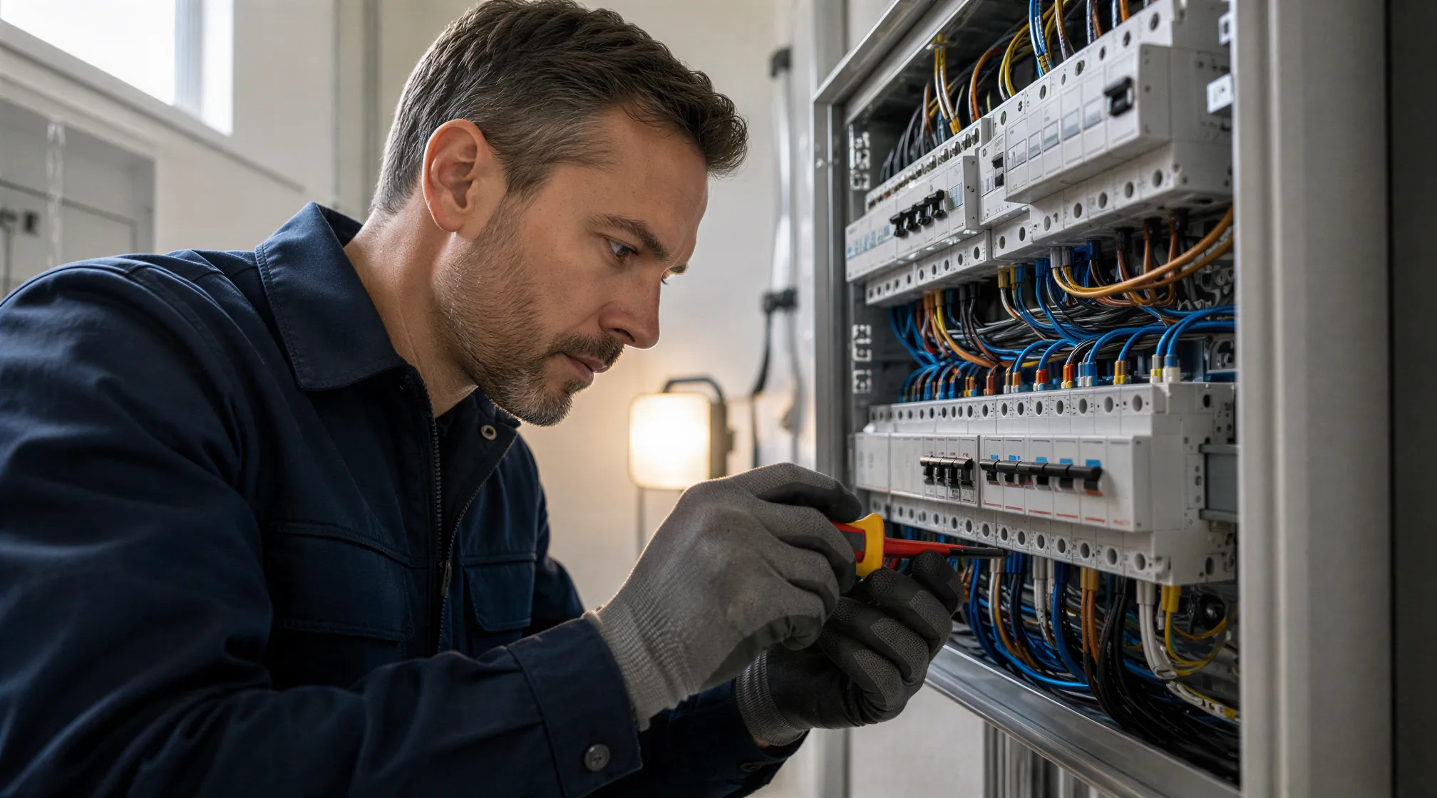 Ein Elektriker in sauberer Arbeitskleidung schließt sorgfältig Kabel in einem modernen Verteilerkasten an.