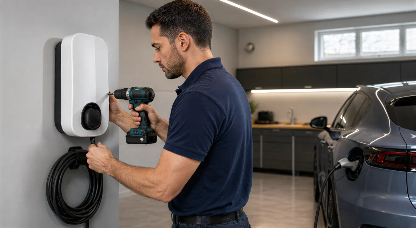 Ein Elektriker installiert eine weiße Ladestation für Elektroautos an einer hellgrauen Garagenwand.